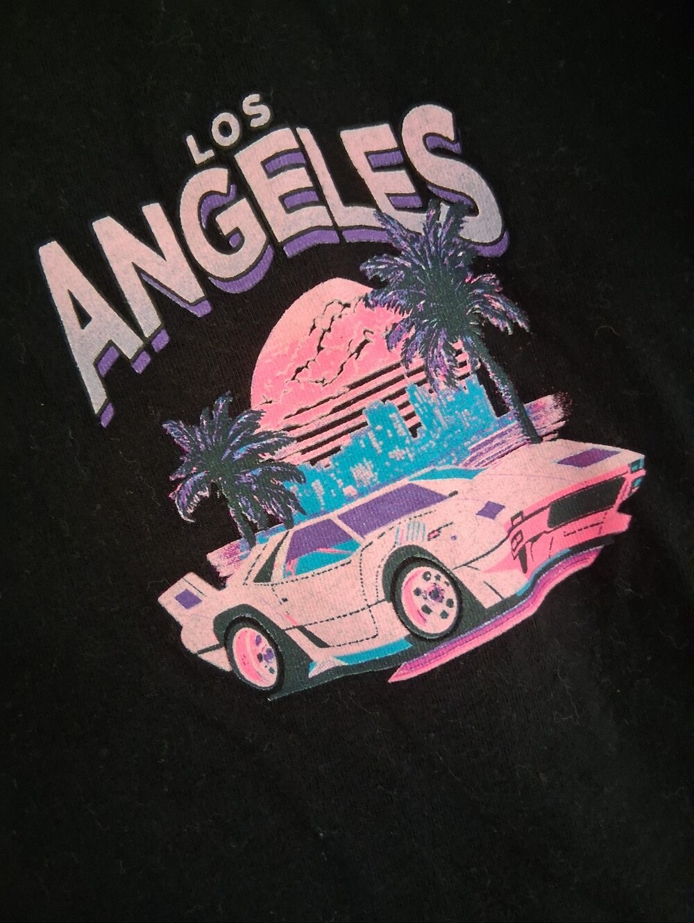 Women's Retro  Los Angeles Sports Car Graphic Black T Shirt Size Small Pink